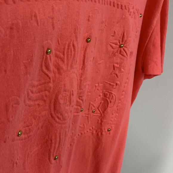 Vintage Coral Puffed Up Sun with Gold Studs T-Shirt with Shoulder Pads OS - Picture 5 of 6